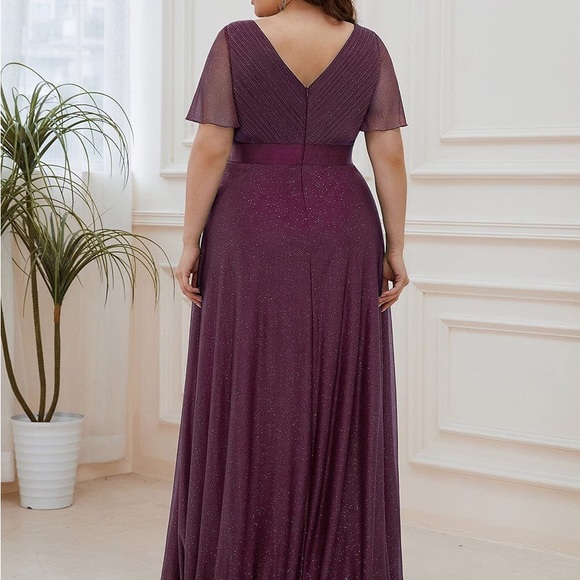 Sparkling Short Sleeve V-Neck Ribbon Waist A-Line Evening Dress 26 NWT - Picture 2 of 7